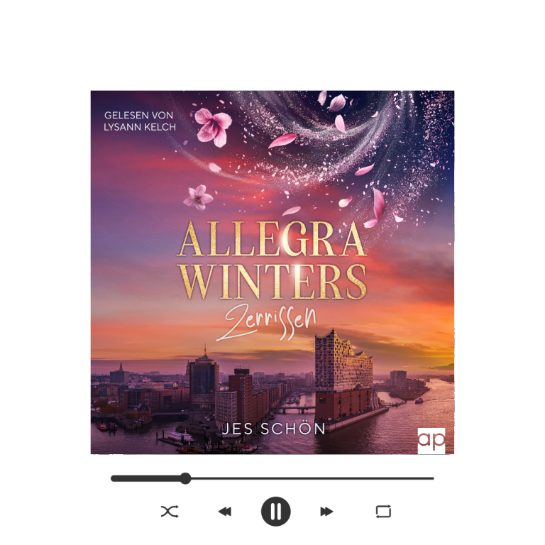 Hörbuch Cover von "Allegra Winters – Zerrissen" von Jes Schön mit blühenden Blumen und einem Sonnenaufgang der Hamburger Skyline.
