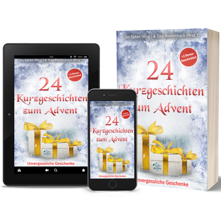 Drei Geräte zeigen das Cover von "24 Kurzgeschichten zum Advent – Tassengeflüster" mit Adventsmotiven.