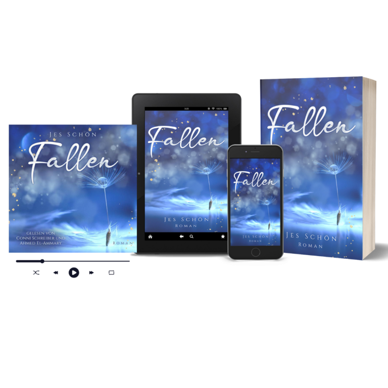 Cover und digitale Geräte zeigen das Buch "Fallen" in einem mystischen blauen Design.