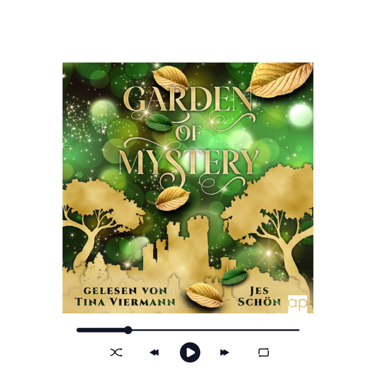 Hörbuch-Cover für "Garden of Mystery" mit grünem Hintergrund, goldenen Baum- und Blattesymbolen und einer Burg.